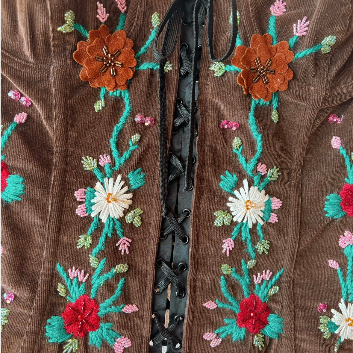 Dolce&Gabbana 2000s Bustier Corset Brown Corduroy Floral Embroidery