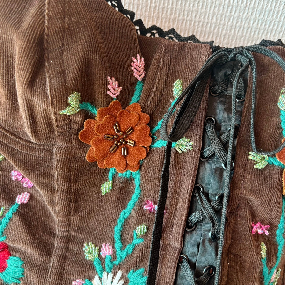 Dolce&Gabbana 2000s Bustier Corset Brown Corduroy Floral Embroidery
