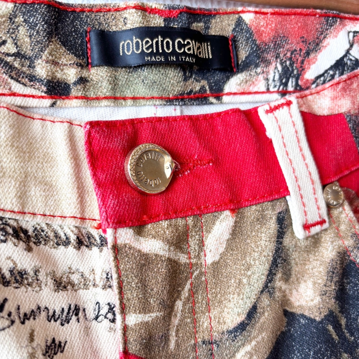 Roberto Cavalli label inside Y2K Low-Waist Jeans, displaying brand