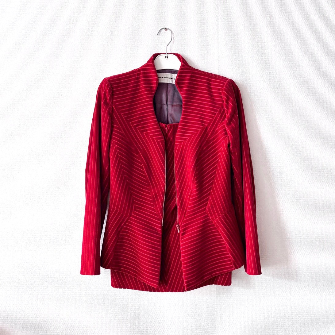 Vintage Mugler Red Velvet Skirt Suit Set S