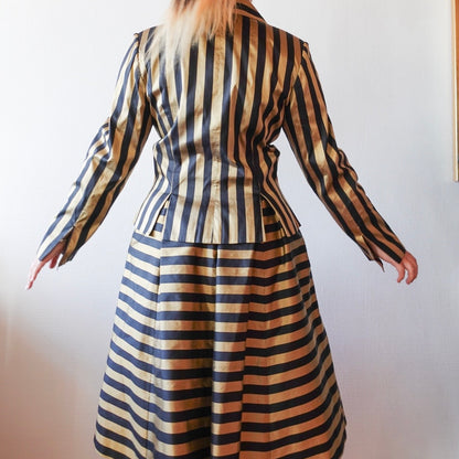 Vintage Thai Silk Gold & Black Striped Two-Piece Set M