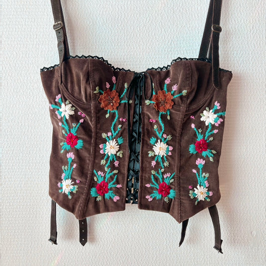 Dolce&Gabbana 2000s Bustier Corset Brown Corduroy Floral Embroidery