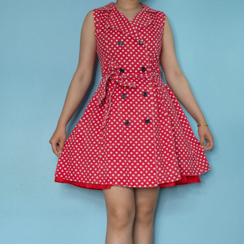 Red polka dot denim dress S