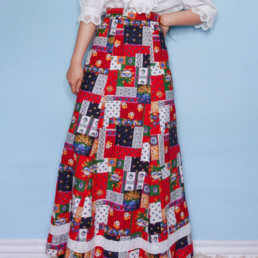 Retro patchwork pattern maxi skirt M/S