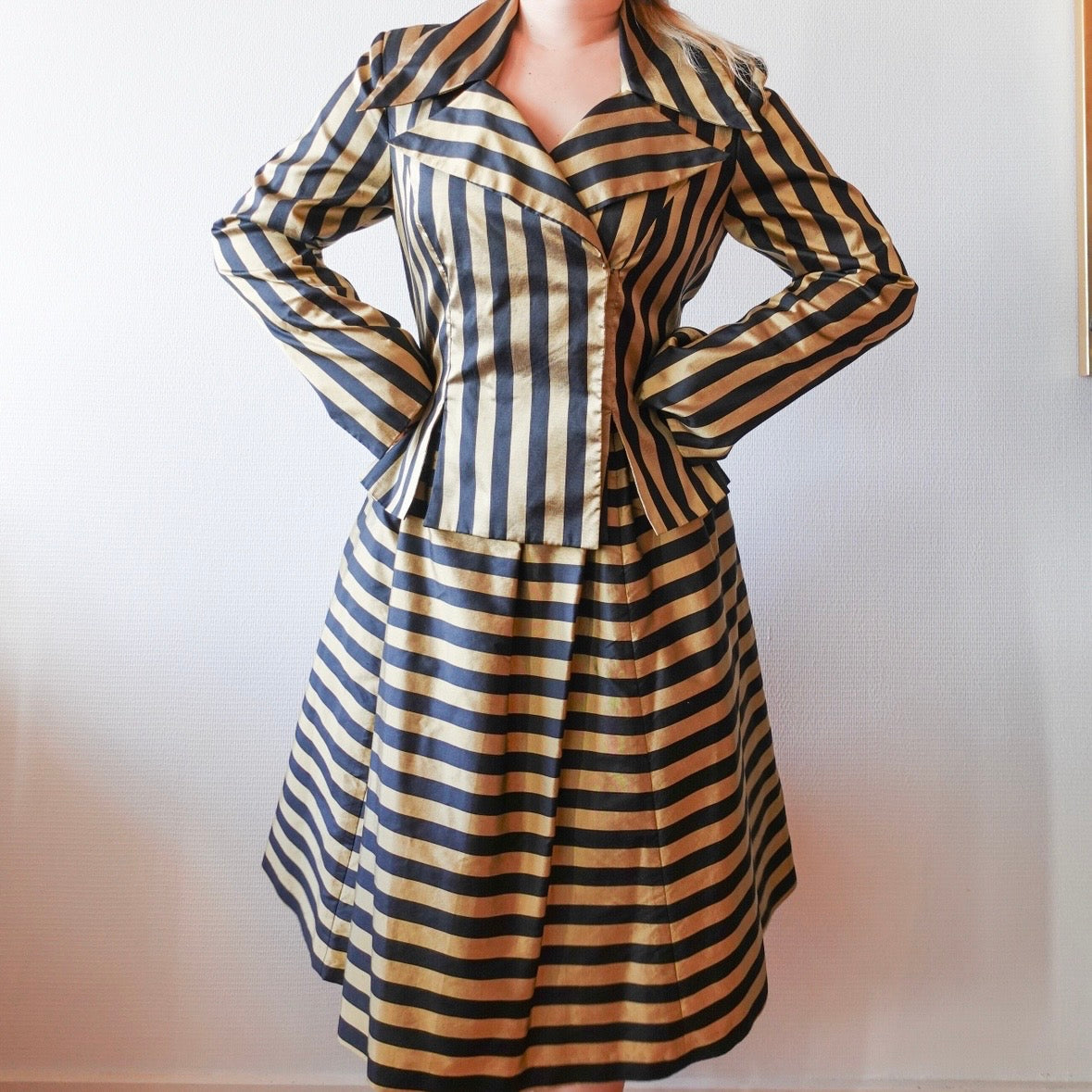 Vintage Thai Silk Gold & Black Striped Two-Piece Set M