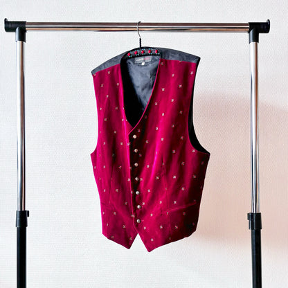 Unisex Dark Red Velvet Vest with Cherry Embroidery