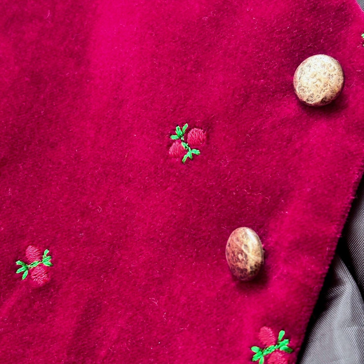 Unisex Dark Red Velvet Vest with Cherry Embroidery