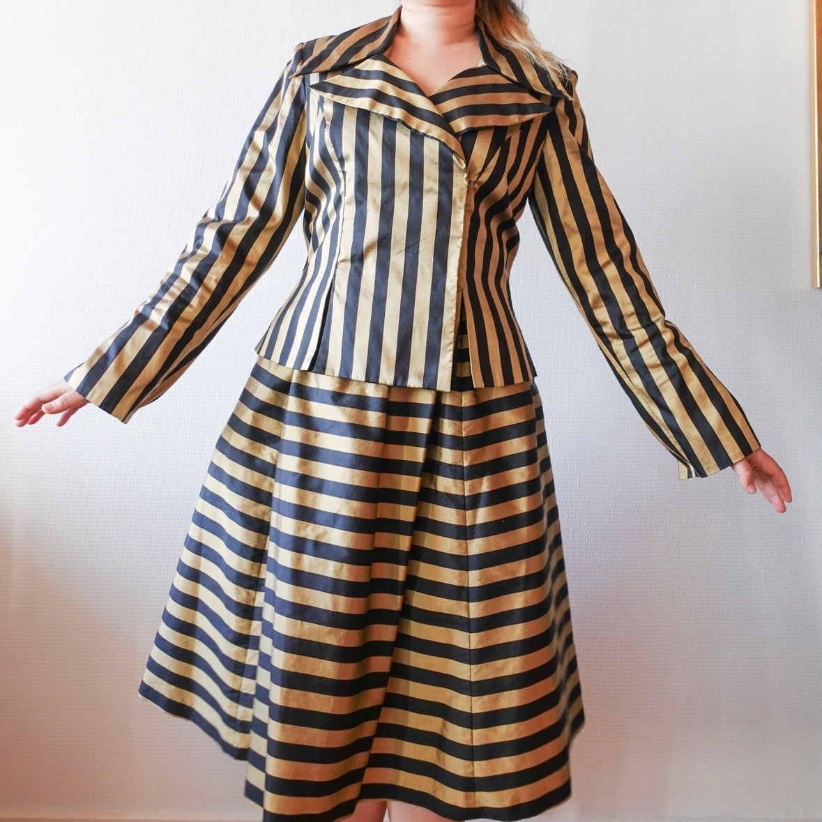 Vintage Thai Silk Gold & Black Striped Two-Piece Set M