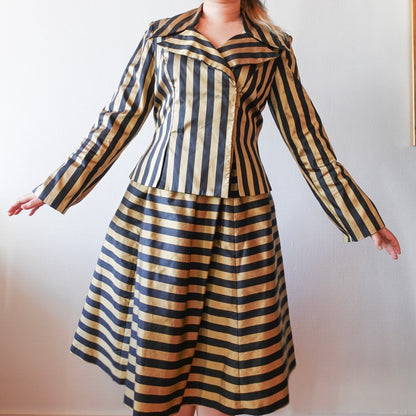 Vintage Thai Silk Gold & Black Striped Two-Piece Set M
