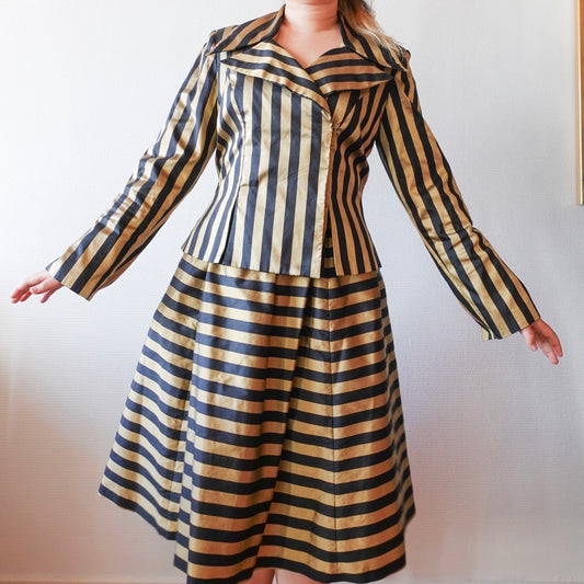 Vintage Thai Silk Gold & Black Striped Two-Piece Set M
