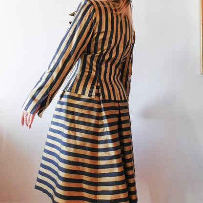 Vintage Thai Silk Gold & Black Striped Two-Piece Set M
