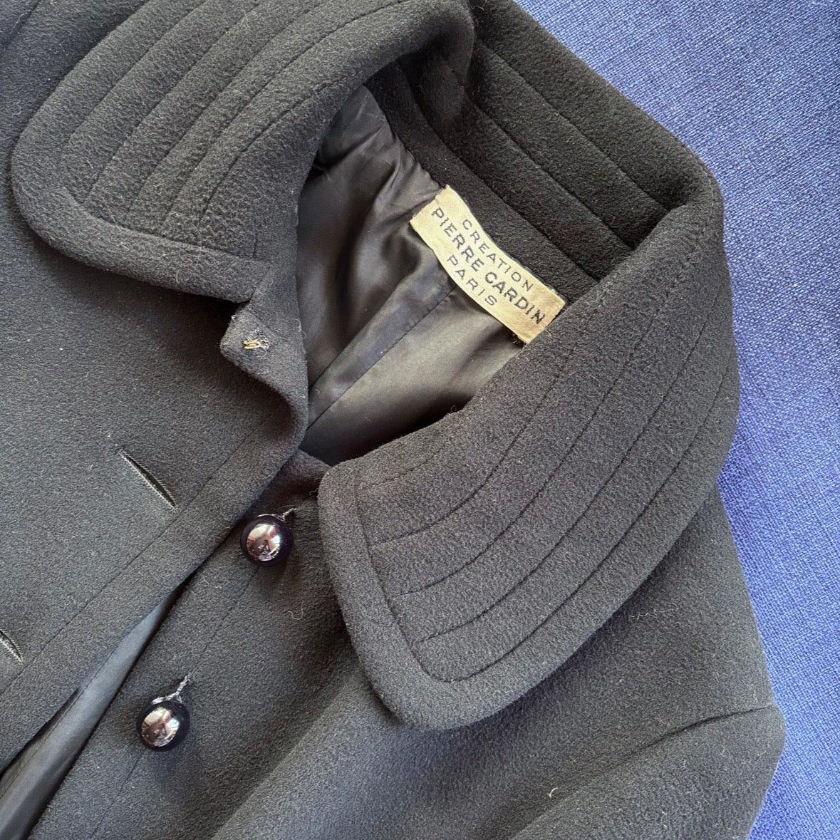 1960s Création Pierre Cardin Paris Black Wool Coat S