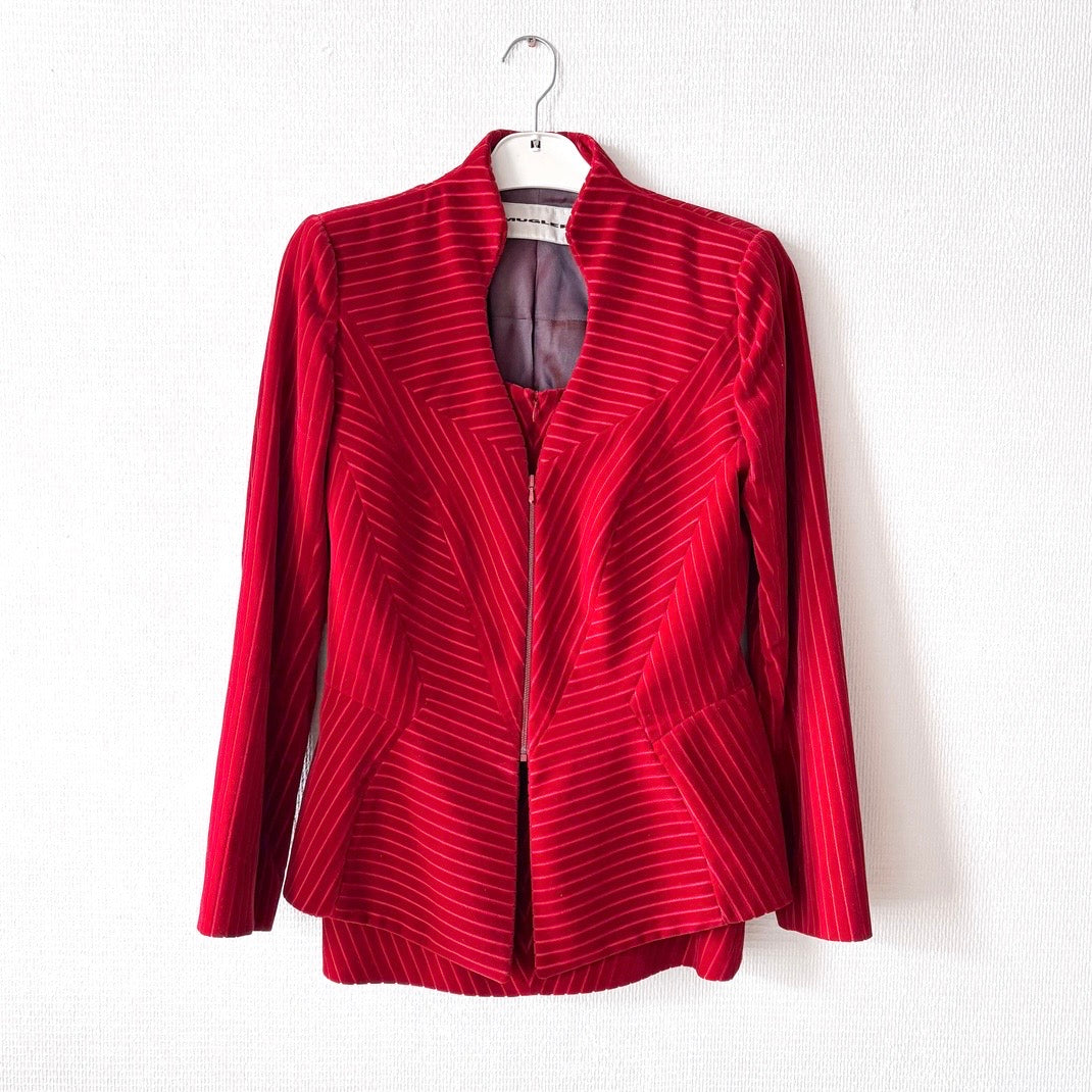 Vintage Mugler Red Velvet Skirt Suit Set S