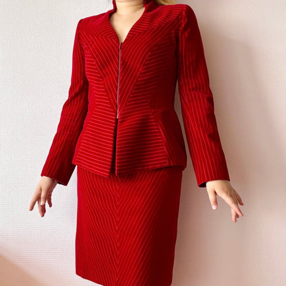 Vintage Mugler Red Velvet Skirt Suit Set S