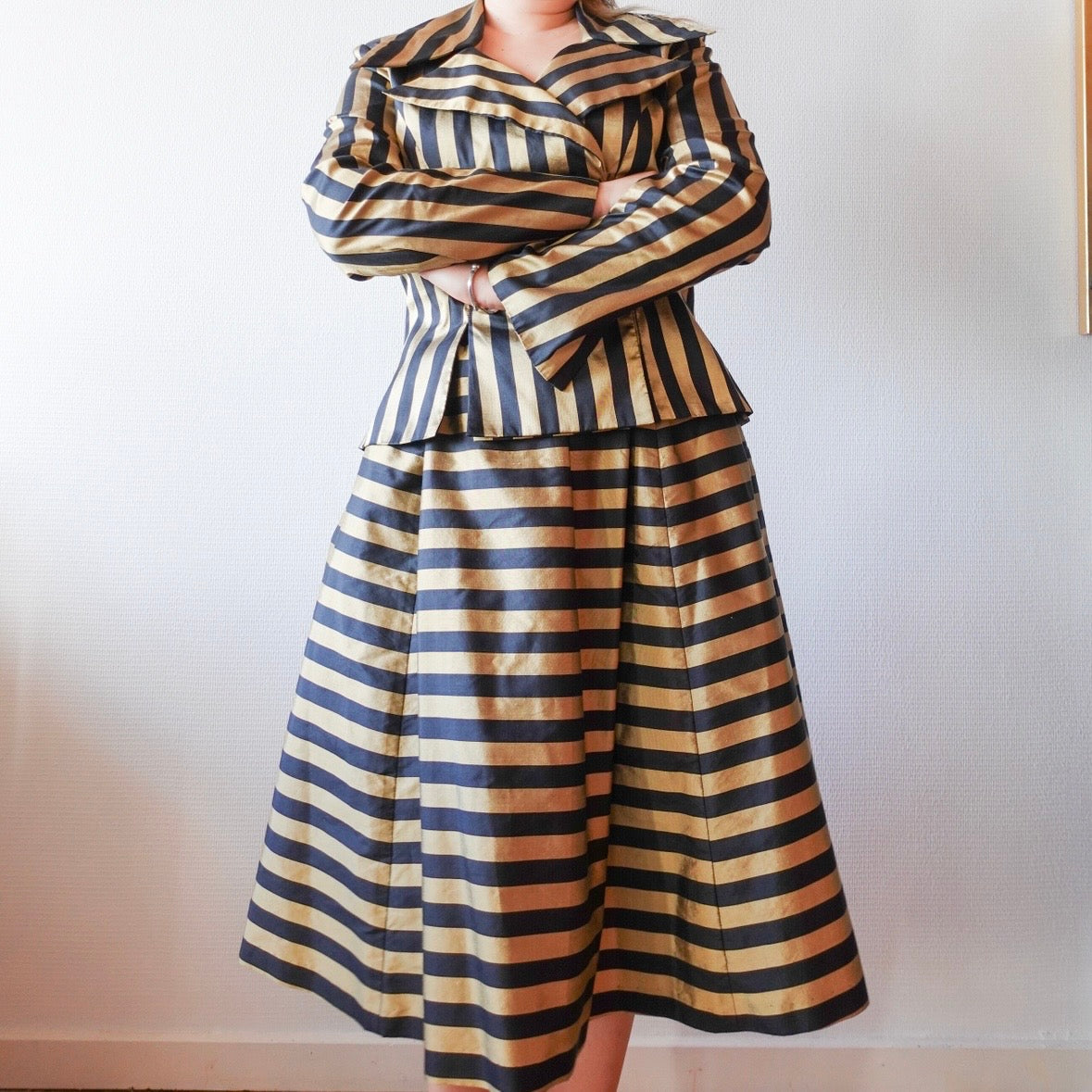 Vintage Thai Silk Gold & Black Striped Two-Piece Set M