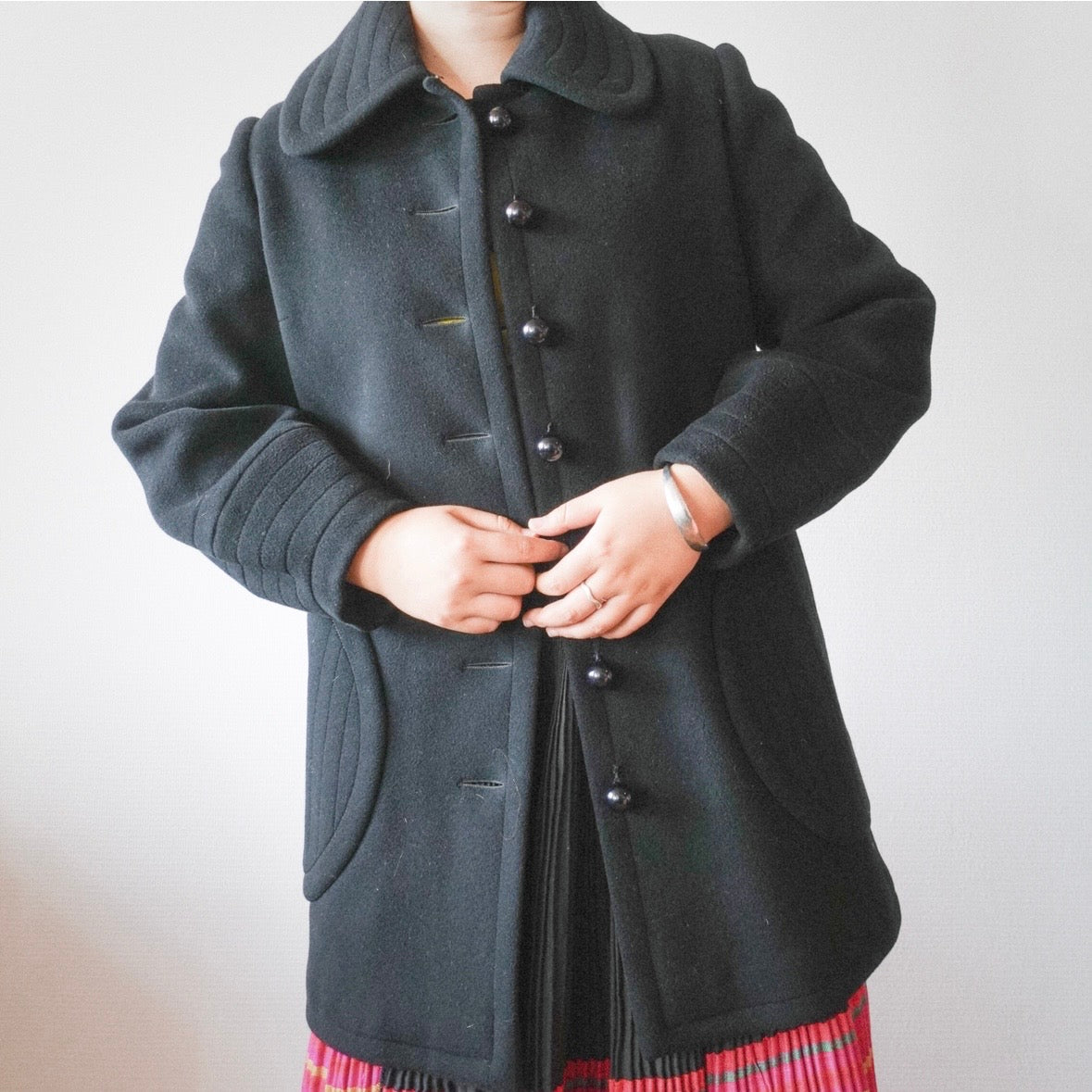 1960s Création Pierre Cardin Paris Black Wool Coat S